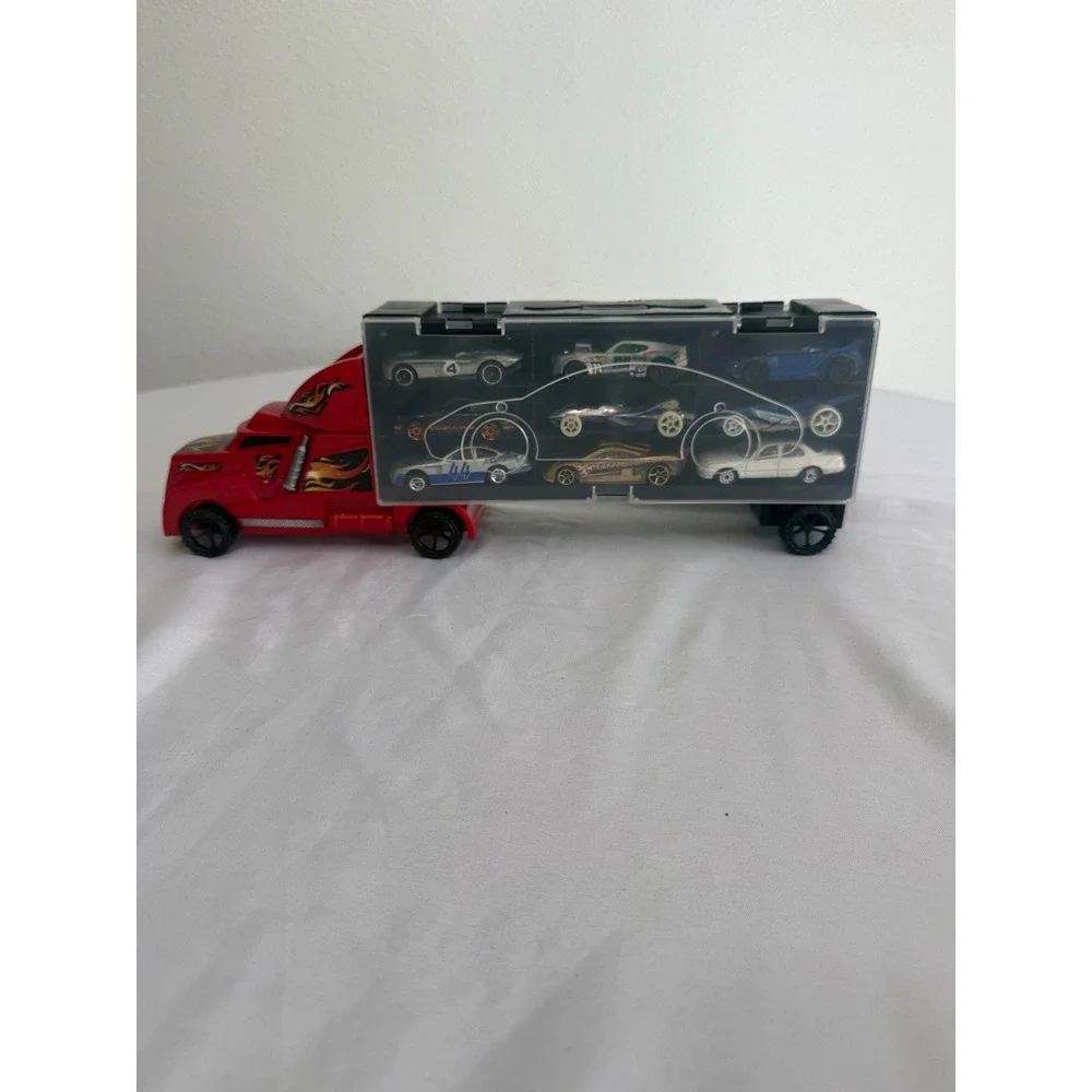 Toy Car Carrier Truck with 18 Diecast Cars Red Transport Semi Storage Case